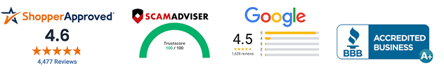 Banner with reviews on ShopperApproved, ScamAdviser, Google and Accredited Business.